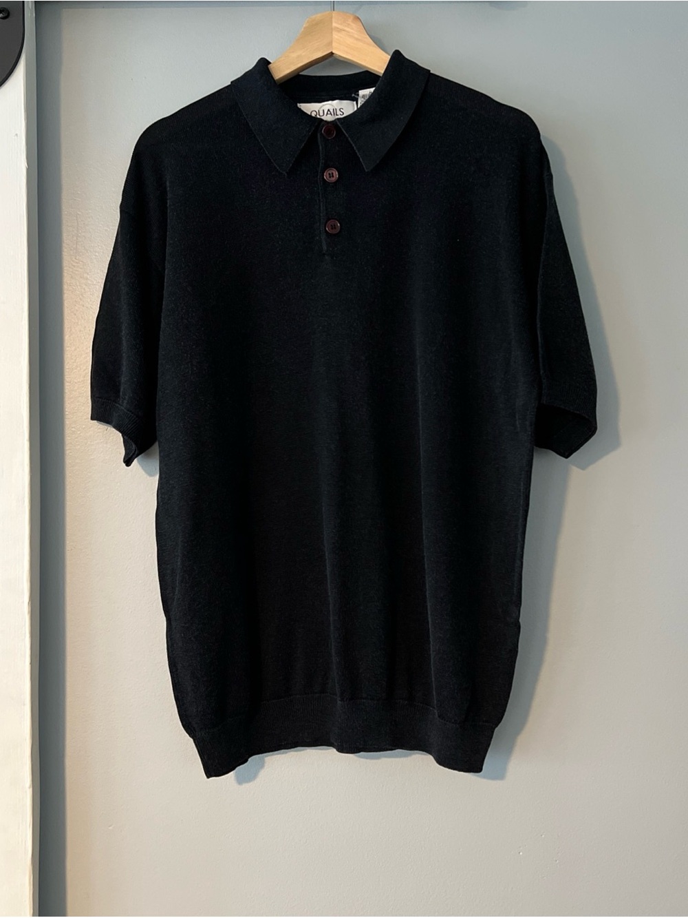 Vintage Quails Black Semisheer Short Sleeve Polo Shirt Men's Medium Rayon Cotton